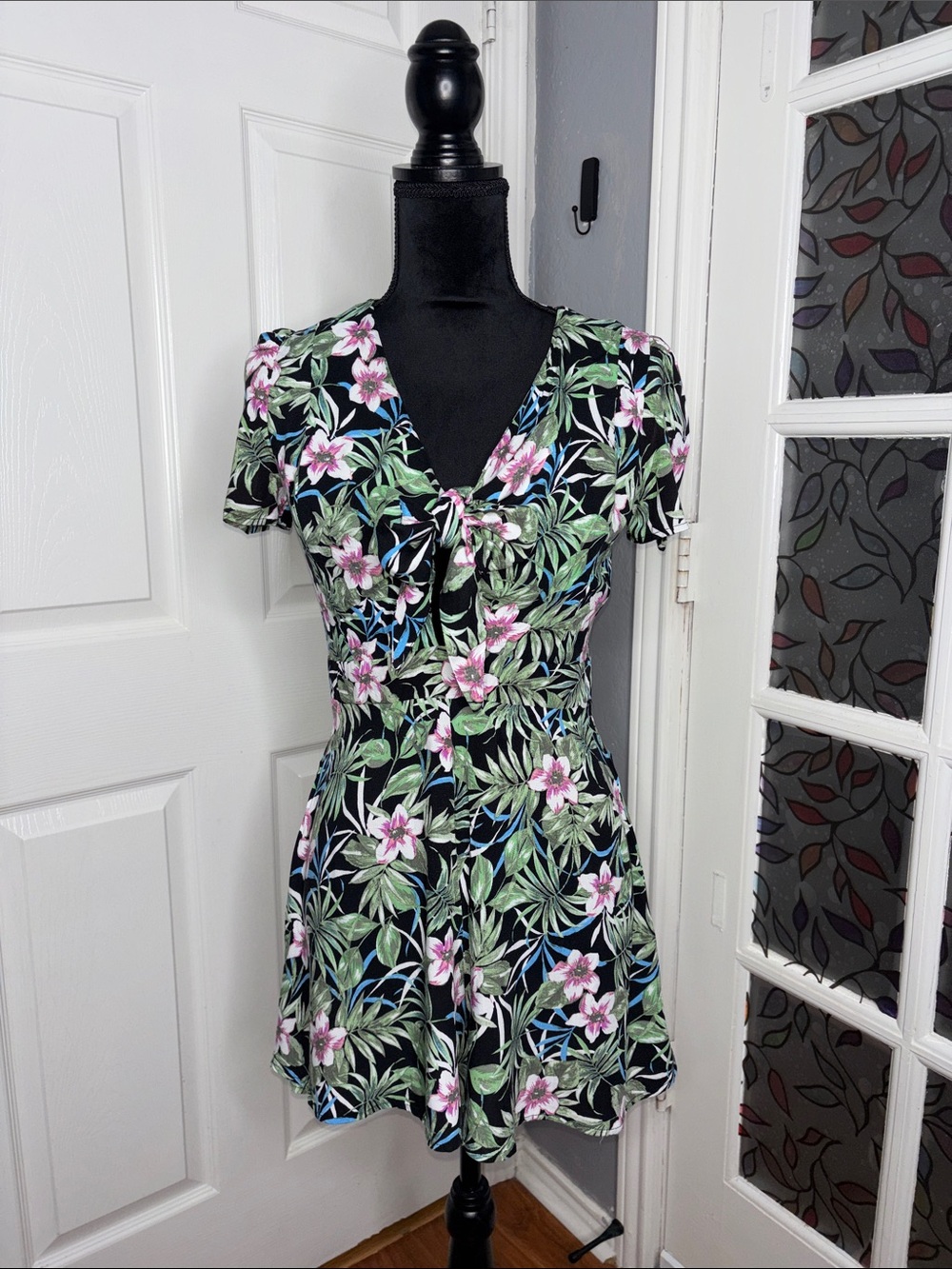 Blue Rain Black Floral Tie-Front Dress with Pink & Green Print